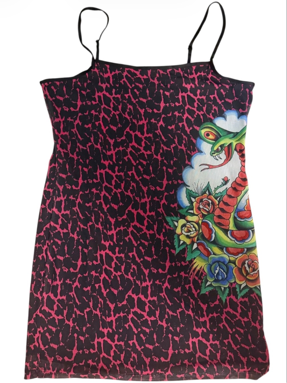Ed Hardy mini COBRA ROSES MESH SLIPDRESS Pink Leopard Print Tattoo Graphic - Picture 3 of 8